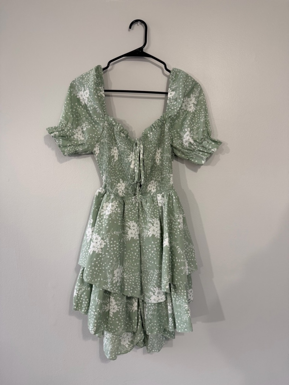 Tiered Sage Green Floral Mini Dress with Puff Sleeves